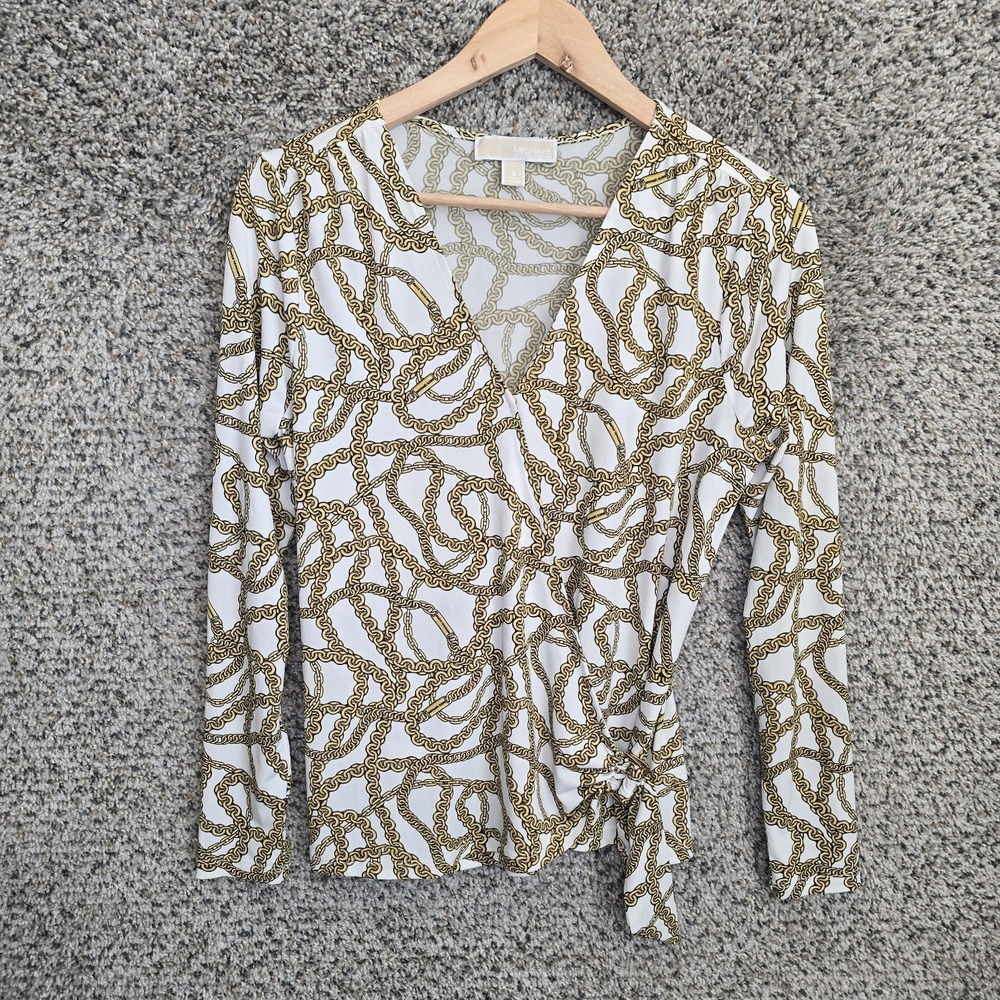 Michael Kors Top Womens Small Gold Chain Print Surplice‎ Neck Blouse Stretch